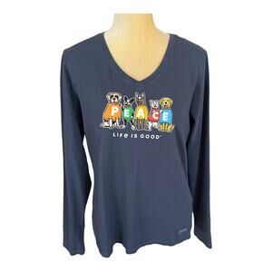 Life is Good Dog Peace Crusher V-Neck Long Sleeve Shirt Dog Mom Size Medium